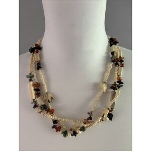Vtg Tribal Necklace Carved Elephants Natural Stone multistrand  22" Statement